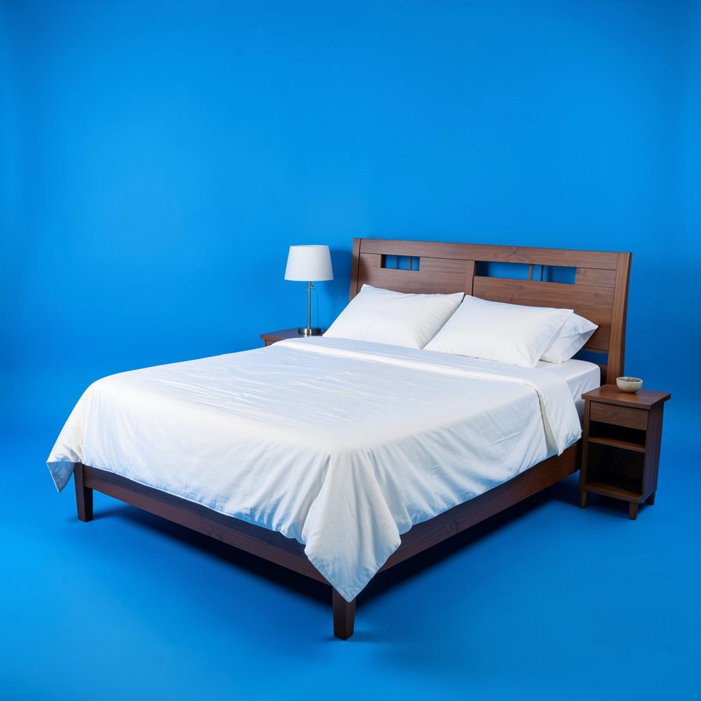 Elegant hotel guest room interior in warm neutral tones, tidy bed and soft lighting, calm professional mood